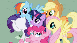 Size: 889x500 | Tagged: safe, applejack, fluttershy, pinkie pie, rainbow dash, rarity, twilight sparkle, g4, buttface, mane six