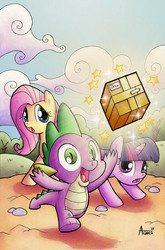 Size: 758x1149 | Tagged: safe, artist:agnes garbowska, idw, fluttershy, spike, twilight sparkle, dragon, pony, unicorn, g4, clean, cover, female, male, mare