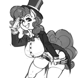 Size: 900x900 | Tagged: safe, artist:kevinsano, pinkie pie, anthro, g4, big breasts, bowtie, breasts, busty pinkie pie, clothes, dapper, female, gloves, grayscale, hat, magician outfit, monochrome, solo, tailcoat, top hat