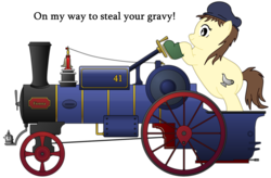 Size: 2257x1482 | Tagged: artist needed, safe, oc, oc only, oc:pit pone, british, chubby, coal, english, fat, miner, northerner, solo, steam engine, traction engine