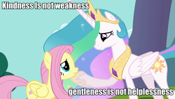 Size: 960x540 | Tagged: safe, fluttershy, princess celestia, g4, caption, cute, image macro, lecture, meme, momlestia, moral, truth