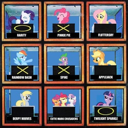 Size: 2090x2090 | Tagged: safe, apple bloom, applejack, derpy hooves, fluttershy, pinkie pie, rainbow dash, rarity, scootaloo, spike, sweetie belle, twilight sparkle, pegasus, pony, g4, cutie mark crusaders, facehoof, female, game show, hollywood squares, mane six, mare, photo, ponies in real life