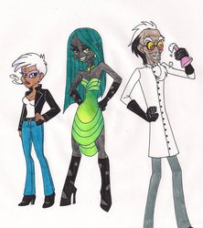 Size: 842x949 | Tagged: dead source, safe, artist:13foxywolf666, discord, gilda, queen chrysalis, equestria girls, g4, cigarette, clothes, dress, equestria girls-ified, high heels, mad scientist, shoes