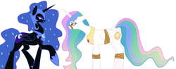 Size: 1582x618 | Tagged: safe, artist:elslowmo, nightmare moon, princess celestia, alicorn, pony, g4, bondage, bound wings, eyeshadow, floppy ears, glare, grin, muzzle, smiling, standing, unsexy bondage