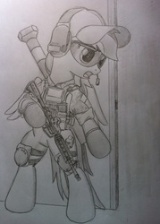 Size: 613x856 | Tagged: safe, artist:equestrianmarine, rainbow dash, pegasus, pony, semi-anthro, g4, ar-15, assault rifle, at4, bipedal, cap, eotech, female, glasses, gun, hat, hmd, holographic sight, mare, monochrome, rifle, simple background, soldier, solo, sunglasses, traditional art, weapon