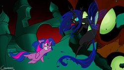 Size: 2384x1340 | Tagged: safe, artist:extremeasaur5000, queen chrysalis, twilight sparkle, changeling, changeling queen, pony, unicorn, g4, fight, unicorn twilight