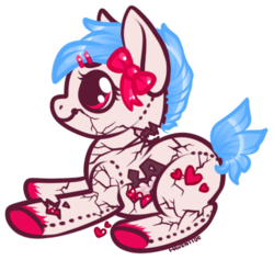 Size: 420x398 | Tagged: safe, artist:haventide, oc, oc only, earth pony, pony, bow, broken, female, hairclip, mare, plushie, solo