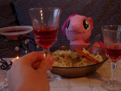 Size: 800x600 | Tagged: safe, pinkie pie, g4, background pony strikes again, candle, dinner, forever alone, lonely, meme, photo, romantic, ronery, soup, waifu, waifu dinner, weird