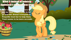 Size: 1023x573 | Tagged: safe, applejack, g4, crossed hooves, eyes closed, female, honesty, solo, text