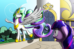 Size: 3000x2000 | Tagged: safe, artist:nadnerbd, princess celestia, twilight sparkle, alicorn, pony, unicorn, g4, balcony, canterlot, canterlot castle, crown, detailed background, detailed hair, door, fanfic art, female, field, hoof shoes, horn, jewelry, large wings, lidded eyes, lighting, long horn, long mane, long tail, mare, mountain, peytral, princess shoes, raised leg, regalia, river, rooftop, scenery, shading, shocked, slender, spread wings, surprised, tail, thin, water, wings