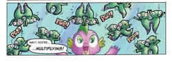 Size: 1034x371 | Tagged: safe, artist:agnesgarbowska, idw, official comic, spike, dragon, g4, micro-series #9, my little pony micro-series, spoiler:comic, aquarium, male, mitosis, pop!, reproduction, sea beasts, speech bubble, what has science done