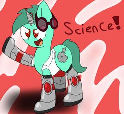 Size: 970x895 | Tagged: safe, artist:aqua_remix, oc, oc only, oc:coppercog, earth pony, pony, amputee, artificial horn, engineer, prosthetic leg, prosthetic limb, prosthetics, science, solo