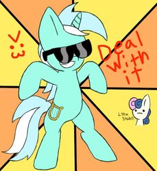 Size: 634x692 | Tagged: safe, artist:aqua_remix, bon bon, lyra heartstrings, sweetie drops, g4, bon bon is not amused, deal with it, stahp, sunglasses