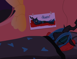 Size: 650x500 | Tagged: safe, artist:mixermike622, queen chrysalis, changeling, changeling queen, g4, bed, blanket, cushion, draw me like one of your french girls, drawing, female, lying down, on back, sleeping, solo, window