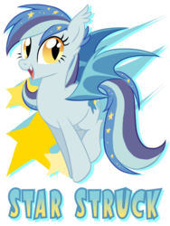 Size: 768x1024 | Tagged: dead source, safe, artist:centchi, artist:owlity, artist:zowiestardust-mlp, oc, oc only, oc:star struck, bat pony, pony, fangs, female, jumping, looking at you, open mouth, open smile, simple background, smiling, solo, text, transparent background