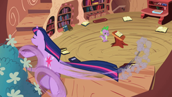 Size: 1920x1080 | Tagged: safe, screencap, spike, twilight sparkle, dragon, pony, unicorn, g4, lesson zero, season 2, book, golden oaks library, gotta go fast, great moments in animation, smear frame, unicorn twilight, wheel o feet