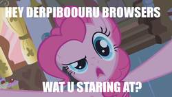 Size: 1280x720 | Tagged: safe, pinkie pie, derpibooru, g4, bronybait, female, fourth wall, image macro, meta, solo, stare, staring into your soul, stop it