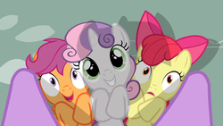 Size: 1280x720 | Tagged: safe, screencap, apple bloom, scootaloo, sweetie belle, twilight sparkle, earth pony, pegasus, pony, unicorn, g4, hearts and hooves day (episode), season 2, cute, cutie mark crusaders, diasweetes, female, female pov, filly, foal, hearts and hooves day, looking at you, pov, trio focus