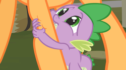 Size: 1280x714 | Tagged: safe, applejack, spike, dragon, earth pony, pony, g4, female, hug, leg hug, male, mare