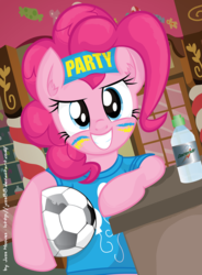 Size: 1654x2251 | Tagged: safe, artist:jcosneverexisted, pinkie pie, g4, clothes, drink, female, football, gatorade, headband, shirt, solo, sports drink