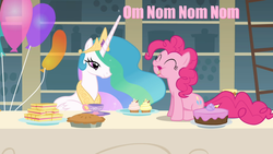 Size: 1366x768 | Tagged: safe, pinkie pie, princess celestia, g4, balloon, caption, pink text