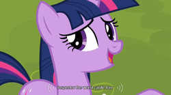 Size: 640x355 | Tagged: safe, screencap, twilight sparkle, g4, games ponies play, female, meme, mlp-captions, solo, youtube caption