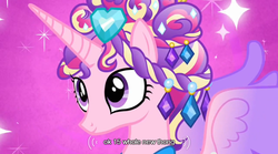 Size: 640x355 | Tagged: safe, screencap, princess cadance, g4, games ponies play, my little pony: friendship is magic, ceremonial headdress, female, meme, mlp-captions, solo, youtube caption