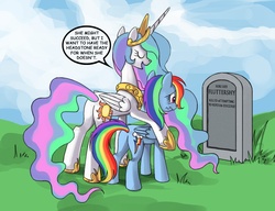 Size: 910x700 | Tagged: safe, fluttershy, princess celestia, rainbow dash, alicorn, pegasus, pony, g4, keep calm and flutter on, my little pony: friendship is magic, butt, celestia's grave meme, exploitable meme, female, gravestone, implied death, mare, meme, plot