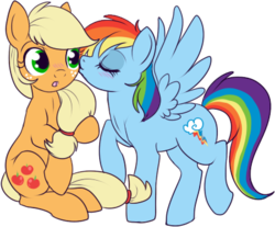 Size: 413x342 | Tagged: safe, artist:lulubell, applejack, rainbow dash, g4, female, hatless, kissing, lesbian, missing accessory, ship:appledash, shipping, simple background, transparent background