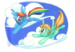 Size: 1000x696 | Tagged: safe, artist:amy mebberson, lightning dust, rainbow dash, g4, cloud, cloudy, flying, friendship