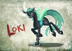 Size: 1191x842 | Tagged: safe, artist:chirpy-chi, queen chrysalis, changeling, g4, angry, changelingified, crying, female, loki, marvel, solo