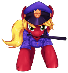 Size: 873x929 | Tagged: safe, artist:fizzy-dog, oc, oc only, oc:flathoof, crisis equestria, clothes, police, simple background, solo, transparent background, uniform, weapon