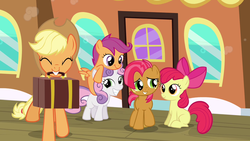Size: 1280x720 | Tagged: safe, apple bloom, applejack, babs seed, scootaloo, sweetie belle, g4, cutie mark crusaders