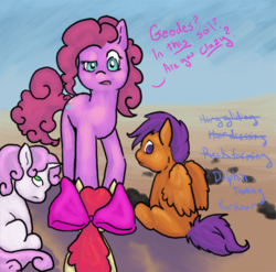 Size: 500x494 | Tagged: safe, artist:hi-jinx, apple bloom, pinkie pie, scootaloo, sweetie belle, g4, cutie mark crusaders, dialogue, rock