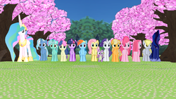 Size: 1920x1080 | Tagged: safe, applejack, bon bon, derpy hooves, fluttershy, lyra heartstrings, pinkie pie, princess celestia, princess luna, rainbow dash, rarity, spike, sweetie drops, trixie, twilight sparkle, pegasus, pony, g4, female, mare, mmd