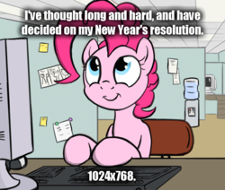 Size: 650x550 | Tagged: safe, artist:flavinbagel, pinkie pie, g4, computer, female, meme, office, office pinkie, pun, solo, xga