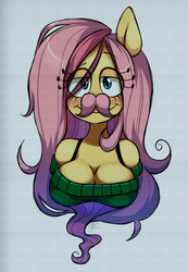 Size: 852x1228 | Tagged: safe, artist:lui-ra, fluttershy, anthro, g4, ambiguous facial structure, bedroom eyes, breasts, bust, busty fluttershy, cleavage, clothes, female, grin, markiplier, moustache, solo, sweater, sweatershy, warfstache