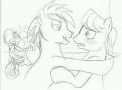 Size: 1177x873 | Tagged: dead source, safe, artist:enigmaticfrustration, caramel, hoity toity, twilight sky, earth pony, pony, g4, gay, male, monochrome, shipping, sketch, stallion, traditional art