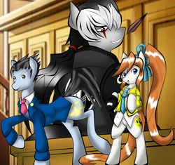 Size: 2004x1882 | Tagged: safe, artist:fourze-pony, ace attorney, athena cykes, clothes, courtroom, crossover, feather, mutliple, parody, phoenix wright, ponified, simon blackquill