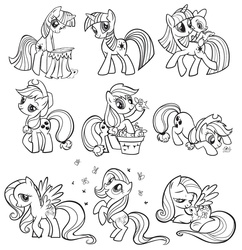 Size: 1050x1086 | Tagged: safe, artist:lauren faust, applejack, fluttershy, spike, twilight sparkle, butterfly, dragon, earth pony, frog, pegasus, pony, rabbit, unicorn, g4, apple, dragons riding ponies, female, frog inspector applejack, grayscale, lineart, mare, monochrome, rearing, riding, simple background, spike riding twilight, spread wings, stock vector, white background, wings