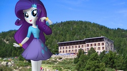 Size: 1920x1080 | Tagged: safe, artist:bastbrushie, rarity, equestria girls, g4, bracelet, car, clothes, cutie mark on clothes, equestria girls in real life, female, hotel, irl, jewelry, mountain, photo, solo, tree, vector