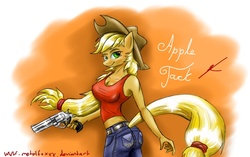 Size: 1052x662 | Tagged: safe, artist:thedrunkcoyote, applejack, earth pony, anthro, g4, applebutt, clothes, female, gun, jeans, no trigger discipline, pants, pistol, revolver, solo, weapon