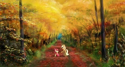 Size: 1222x660 | Tagged: safe, artist:zigword, apple bloom, applejack, g4, autumn, forest, grass, road, scenery, sisters, tree