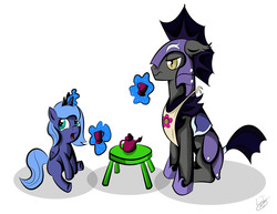 Size: 3300x2550 | Tagged: safe, artist:ljaymlp, princess luna, g4, apron, clothes, filly, night guard, tea party, woona