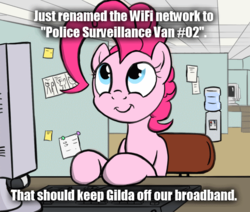 Size: 650x550 | Tagged: safe, artist:flavinbagel, pinkie pie, g4, computer, female, meme, office, office pinkie, solo