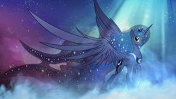 Size: 1920x1080 | Tagged: dead source, safe, artist:horrorman1980, artist:nemesis360, princess luna, g4, concave belly, crepuscular rays, crown, ethereal mane, ethereal tail, female, fog, hoof shoes, horn, impossibly long mane, impossibly long tail, jewelry, large wings, long horn, long mane, long tail, looking at you, peytral, princess shoes, raised hoof, regalia, slender, smiling, solo, sparkles, spread wings, starry mane, starry tail, tail, thin, wallpaper