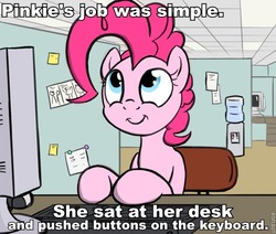 Size: 650x550 | Tagged: safe, artist:flavinbagel, pinkie pie, earth pony, pony, g4, caption, female, image macro, office pinkie, solo, the stanley parable