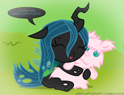 Size: 650x500 | Tagged: safe, artist:mixermike622, queen chrysalis, oc, oc:fluffle puff, changeling, changeling queen, nymph, tumblr:ask fluffle puff, g4, adorable face, baby changeling, baby chrysalis, cute, cutealis, cuteling, daaaaaaaaaaaw, female, filly, fluffle puff plushie, hnnng, implied fluffle puff, miss fluffy fluffs, plushie, text