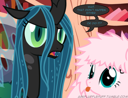 Size: 650x500 | Tagged: safe, artist:mixermike622, queen chrysalis, oc, oc:fluffle puff, tumblr:ask fluffle puff, g4, text