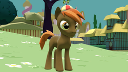 Size: 1024x576 | Tagged: safe, artist:butt0n-mash, button mash, earth pony, pony, g4, 3d, blank flank, colt, foal, hat, hooves, male, ponyville, propeller hat, solo, source filmmaker